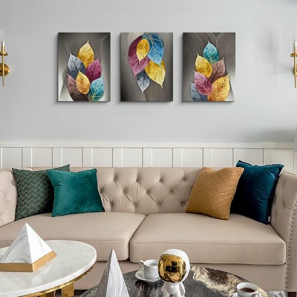 Canvas Wall Art for Living Room Decor Artwork Abstract Leaves Painting 3Pcs - Picture 4 of 6